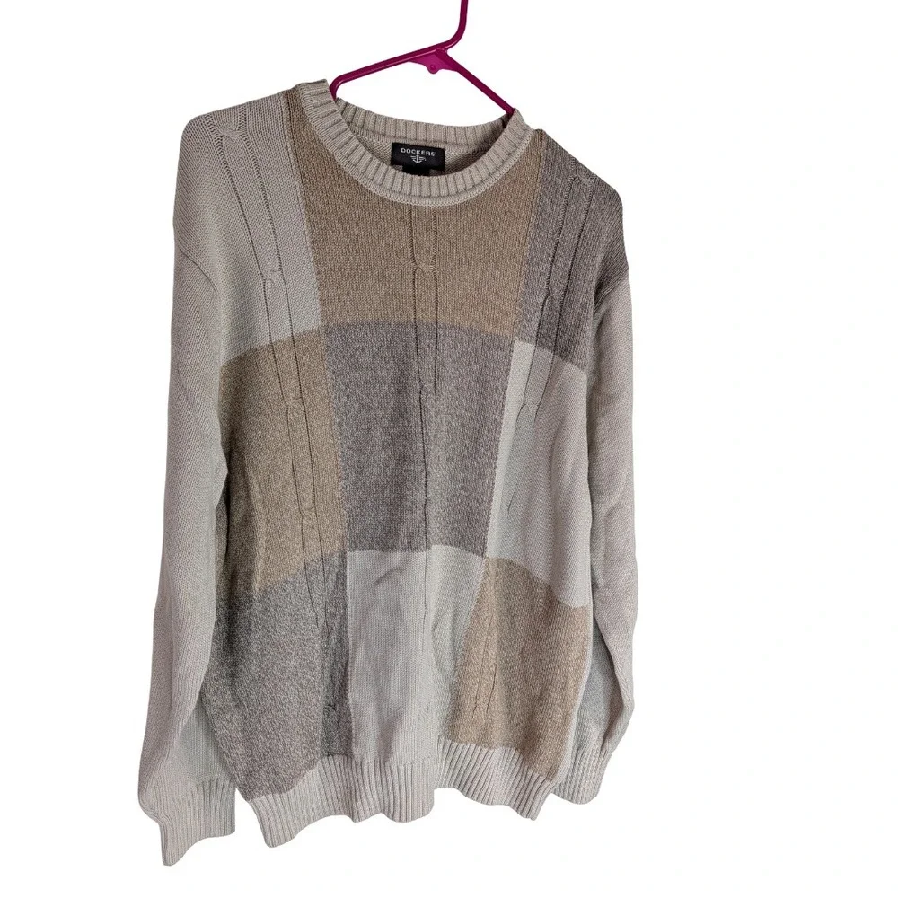 Dockers Sweater Mens XL Beige Colorblock Cable Knit Cotton Crew Neck Pullover